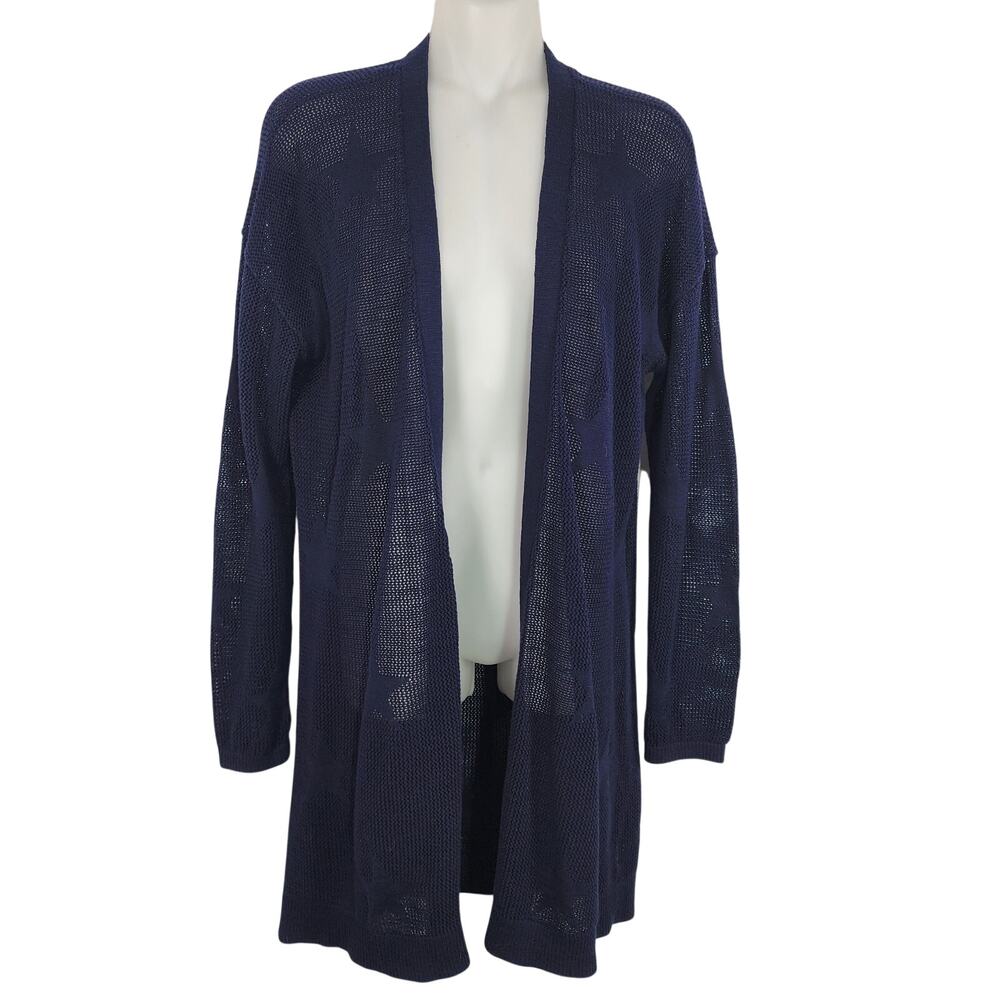 Talbots Womens Cardigan Sweater Blue Lightweight Open Mesh Star Print Size Mp